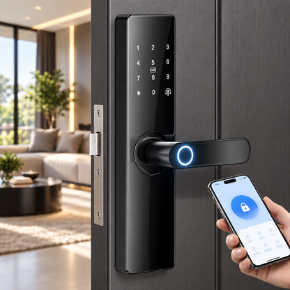 A black smart electronic door lock with a touch keypad and illuminated handle is mounted on a dark door, with a hand holding a smartphone showing a lock app screen nearby.
