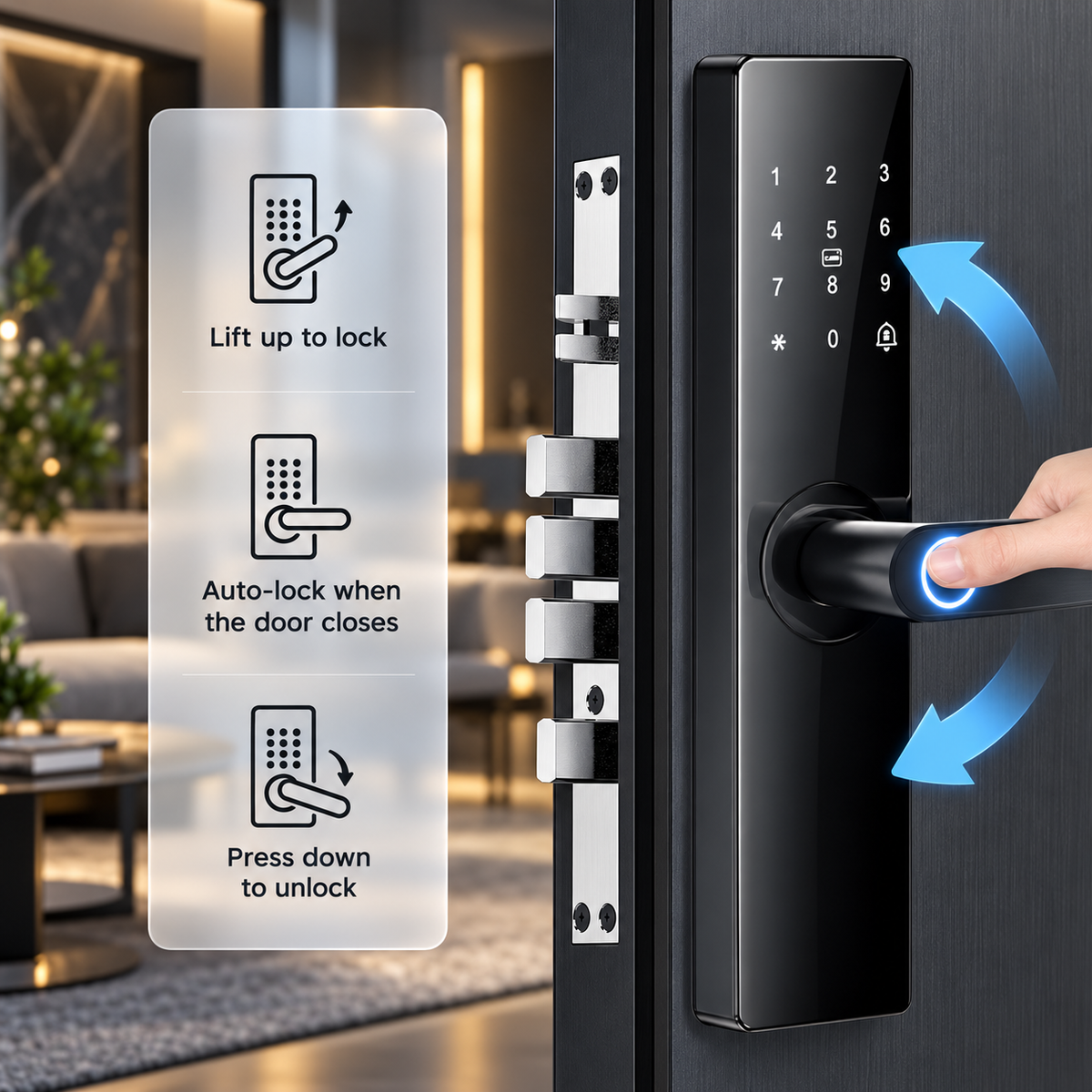 A black digital smart key entry door lock shown installed on a dark door, with a hand pressing the handle. A translucent instructional overlay on the left shows lock/unlock steps with icons and text: 'Lift up to lock,' 'Auto-lock when the door closes,' and 'Press down to unlock.