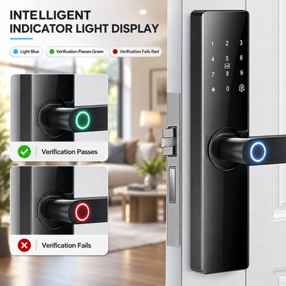 A black smart digital door lock mounted on a white door, with a large inset showing the illuminated handlebar display. The top text reads 'INTELLIGENT INDICATOR LIGHT DISPLAY' with blue, green, and red light examples, and two smaller inset diagrams demonstrate verification passing and failing.