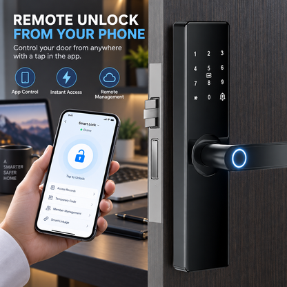 A black smart digital door lock mounted on a dark wood door, shown with a hand holding a smartphone app screen and promotional text about remote unlock from your phone.
