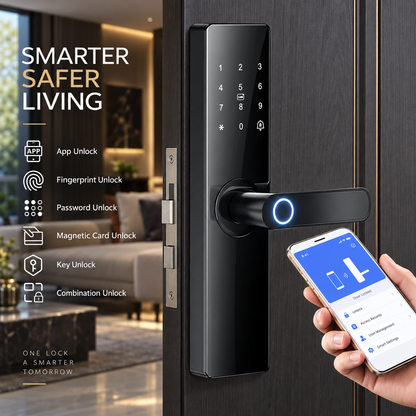 A black smart electronic door lock mounted on a dark wood door, shown with a hand holding a smartphone that displays a lock control app. The left side features feature callouts for app unlock, fingerprint unlock, password unlock, magnetic card unlock, and key unlock, with the text 'SMARTER SAFER LIVING'.
