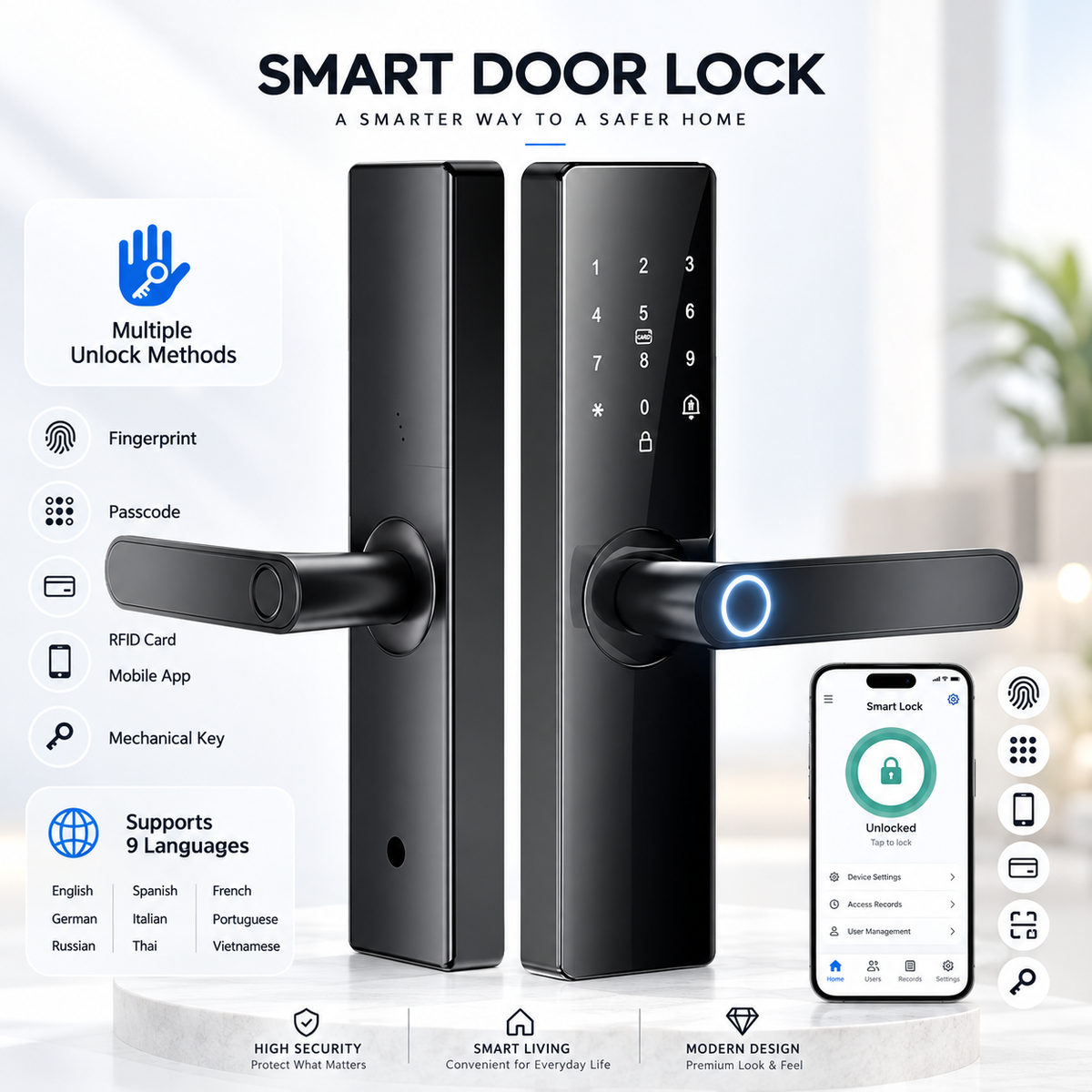 A modern smart door lock shown in a clean promotional layout with feature callouts, a smartphone app screen, and icons for fingerprint, passcode, RFID card, mobile app, and mechanical key. The lock has a slim rectangular black body, a horizontal handle, a digital keypad window, and a circular blue illuminated ring near the handle.