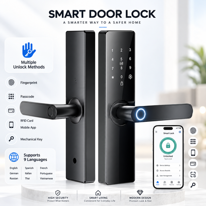 A modern smart door lock shown in a clean promotional layout with feature callouts, a smartphone app screen, and icons for fingerprint, passcode, RFID card, mobile app, and mechanical key. The lock has a slim rectangular black body, a horizontal handle, a digital keypad window, and a circular blue illuminated ring near the handle.