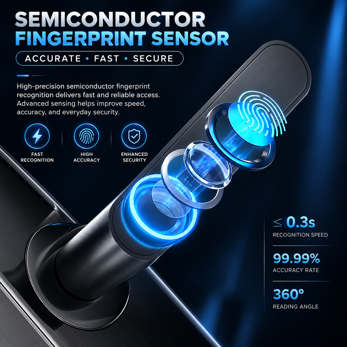A promotional graphic for a semiconductor fingerprint sensor, showing a close-up of the sensor with glowing blue fingerprint-recognization rings and marketing text such as 'Accurate • Fast • Secure' and performance metrics.