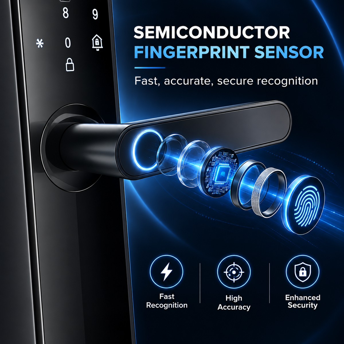 A close-up promotional graphic of a black smart door lock handle with a fingerprint sensor. The image includes marketing text reading 'SEMICONDUCTOR FINGERPRINT SENSOR' and feature icons for fast recognition, high accuracy, and enhanced security.