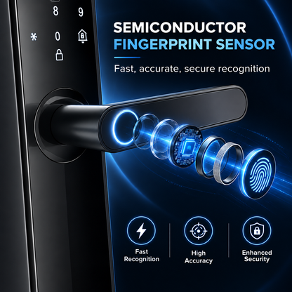 A close-up promotional graphic of a black smart door lock handle with a fingerprint sensor. The image includes marketing text reading 'SEMICONDUCTOR FINGERPRINT SENSOR' and feature icons for fast recognition, high accuracy, and enhanced security.