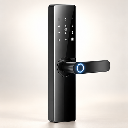 A modern black electronic smart door lock with a vertical keypad panel and a horizontal handle featuring a glowing blue circular touch感应 ring, shown on a light beige background.