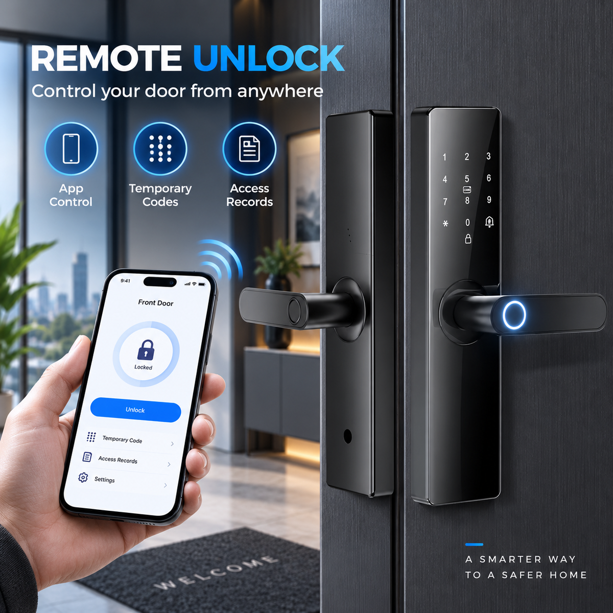 A black smart digital door lock mounted on a dark wood door, shown with a hand holding a smartphone app screen in front. The image includes marketing text for remote unlock, app control, temporary codes, and access records.