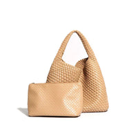 Beige woven leather hobo bag with matching pouch on white background