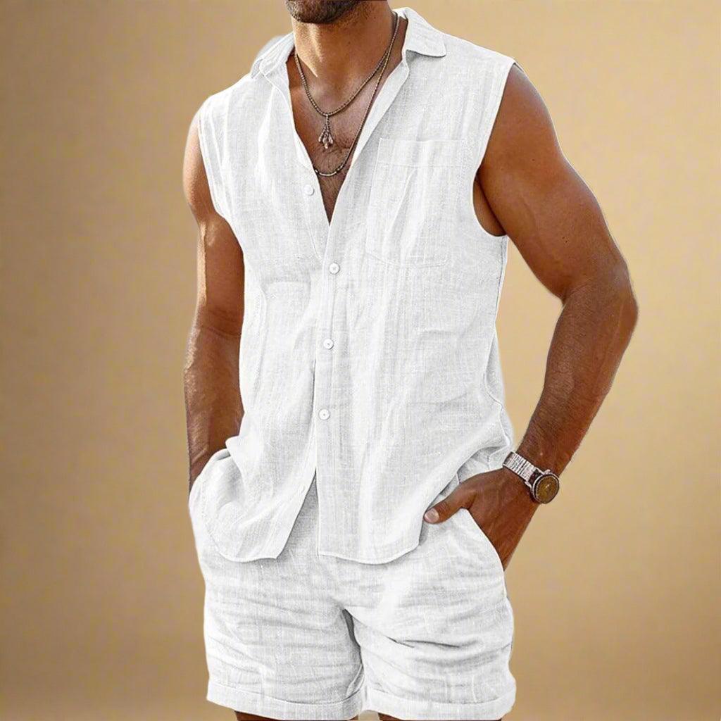 Men’s Sleeveless Shirt Cotton Linen Relaxed Fit for Summer Rebooters mens 2 piece set