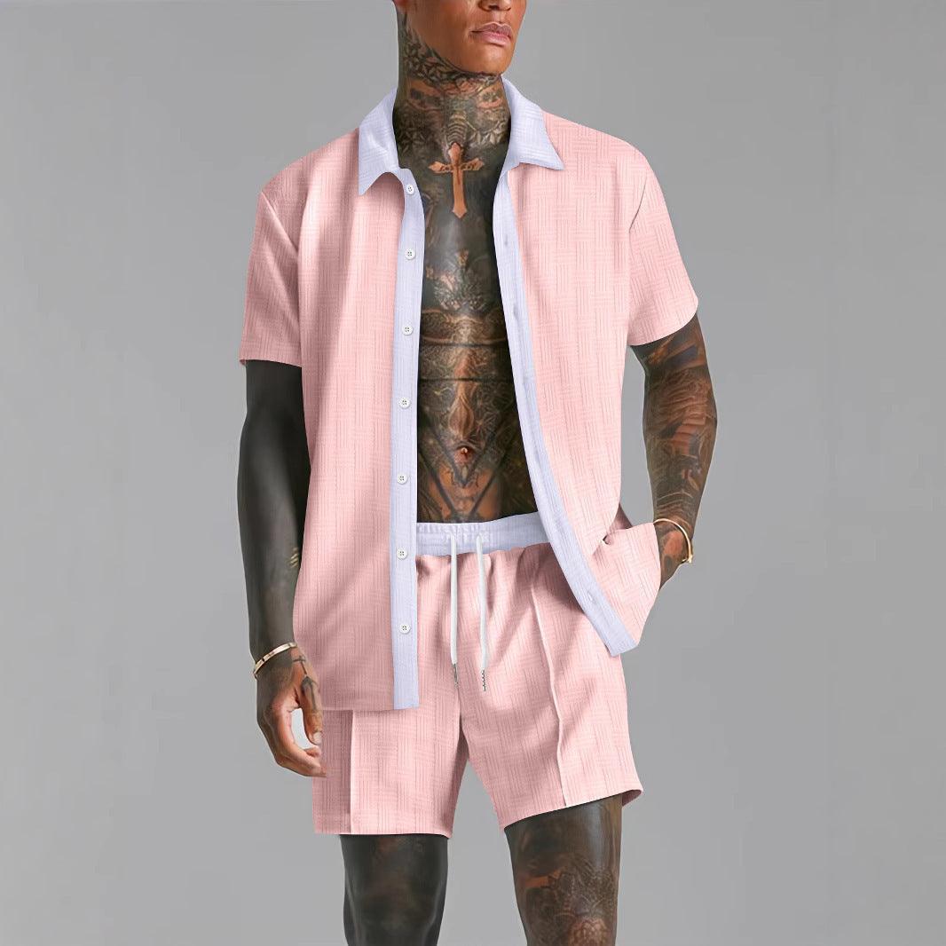 Set de camisa y pantalones cortos para hombre – Combinación de algodón – Ajuste relajado – Cuello con botones – Cintura con cordón ajustable Rebooters mens 2 piece set