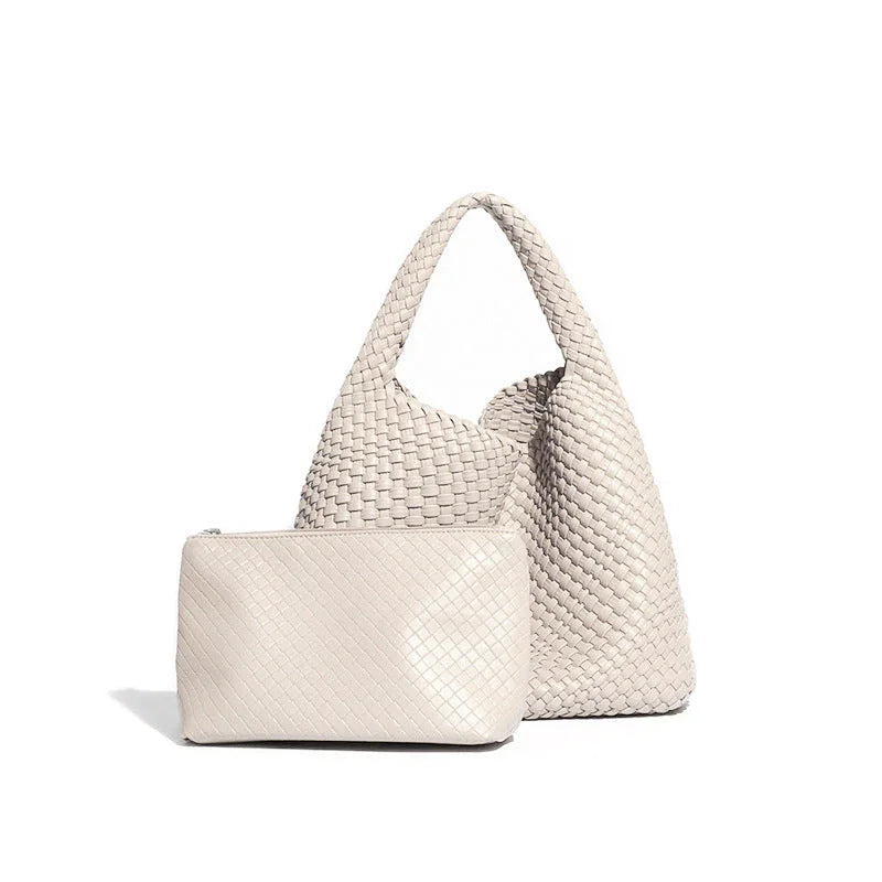 Beige woven hobo handbag and matching pouch set on white background