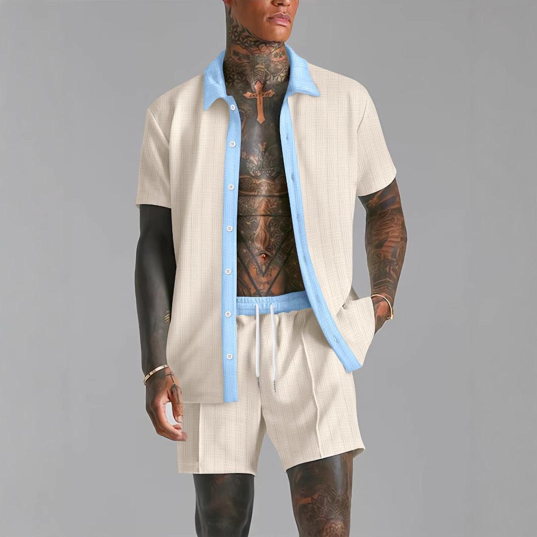 Set de camisa y pantalones cortos para hombre – Combinación de algodón – Ajuste relajado – Cuello con botones – Cintura con cordón ajustable Rebooters mens 2 piece set
