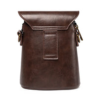 Brown leather crossbody bag with buckle detail and top flap closure