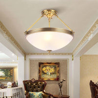 4-Light Opal Glass Hanging Chandelier Traditional Brass Bowl Living Room Pendant Light Fixture - Rebooters