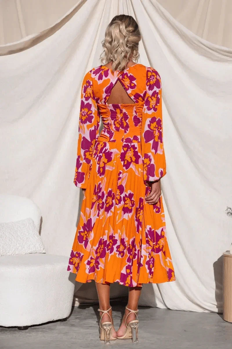 Floral Midi Dress with Pleated Skirt Rebooters Maxi Women's Dresses