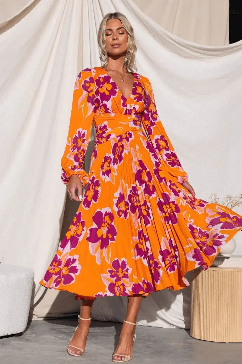 Floral Midi Dress with Pleated Skirt Rebooters Maxi Women's Dresses