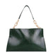 Dark green leather handbag with gold chain strap, luxury purse on white background
