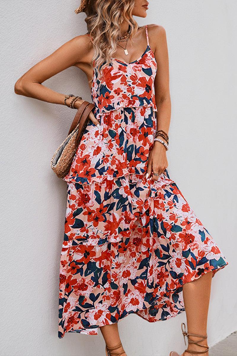 Vibrant Bella Floral Tiered Midi Dress for Summer Fun - Rebooters -Women's Dresses