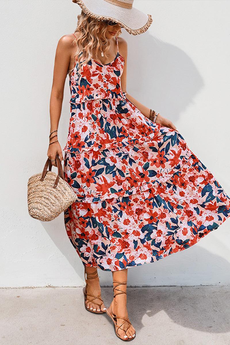 Vibrant Bella Floral Tiered Midi Dress for Summer Fun - Rebooters -Women's Dresses