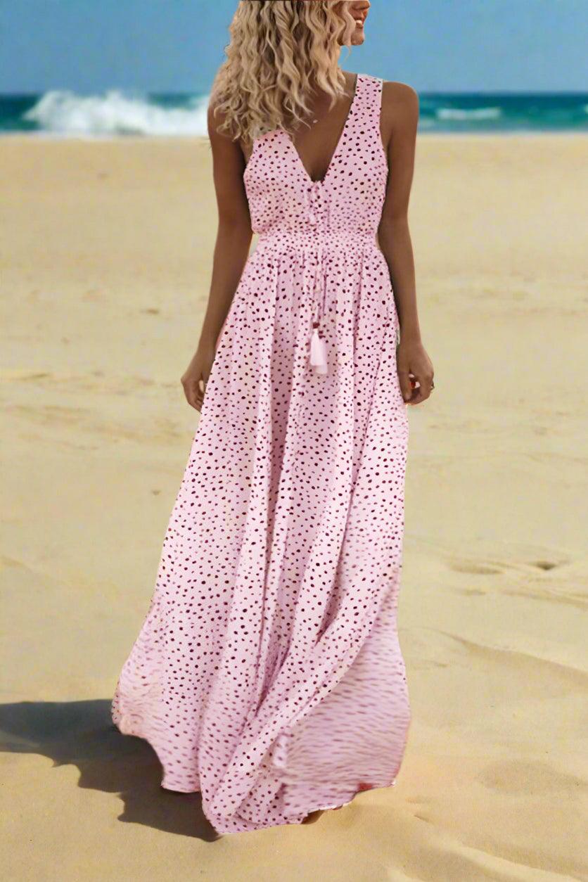 Mila Polka Dot V-Neck Maxi Dress with Flowing Silhouette - Rebooters -Women's Dresses