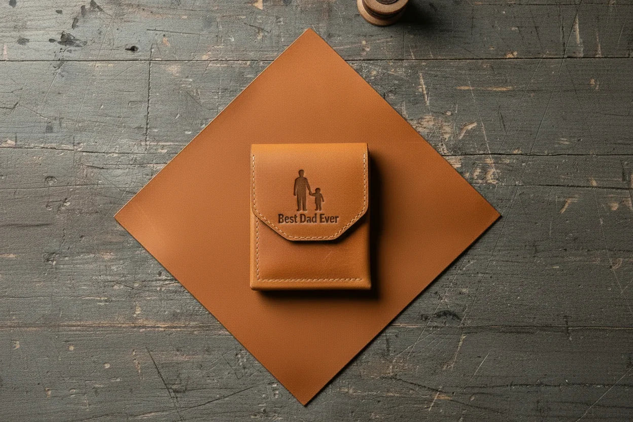 Tan leather best dad ever wallet for men with debossed adult and child silhouette and engraved text minimal magnetic gift
