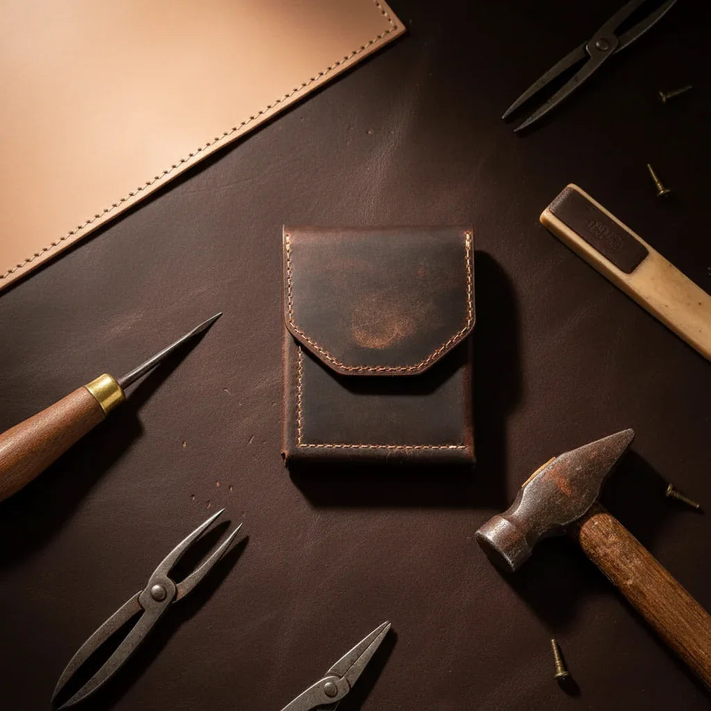 Dark brown leather minimalist magnetic wallet with visible stitching and vintage look best dad ever gift for him