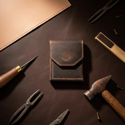 Dark brown leather minimalist magnetic wallet with visible stitching and vintage look best dad ever gift for him