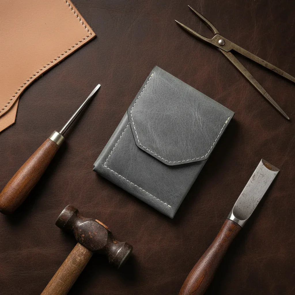Gray leather card holder with white stitching and flap closure in a minimalist magnetic wallet for men fathers day gift
