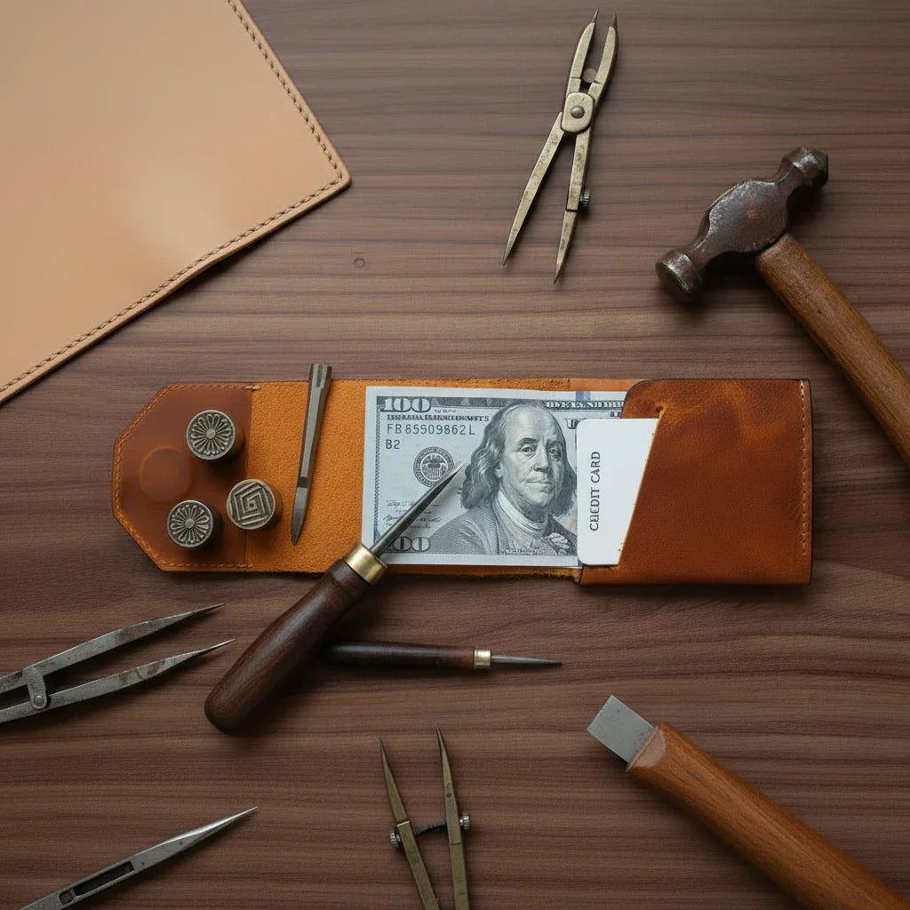 Tan leather minimalist magnetic wallet with brass hardware and a $100 bill visible for best dad ever gift