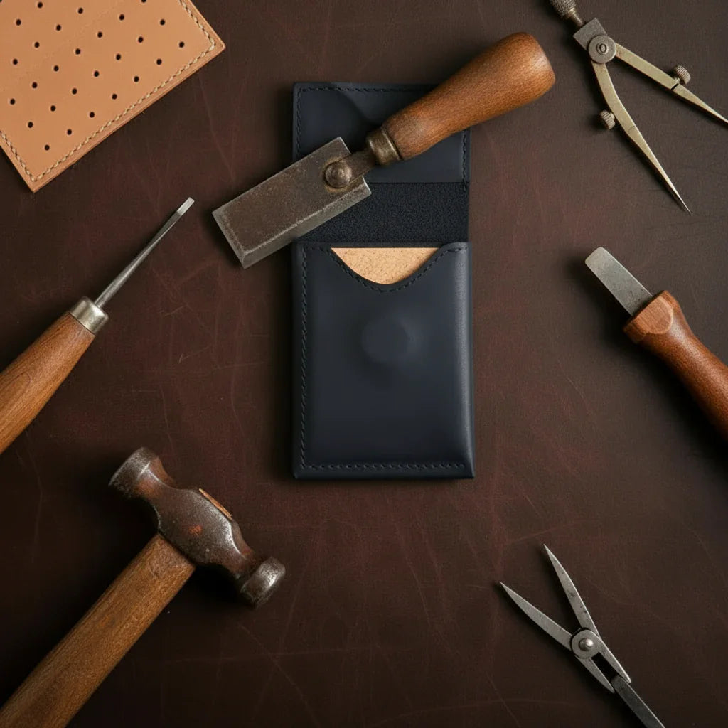Dark blue leather minimalist card holder with single pocket and visible stitching for best dad ever wallet gift