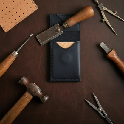 Dark blue leather minimalist card holder with single pocket and visible stitching for best dad ever wallet gift