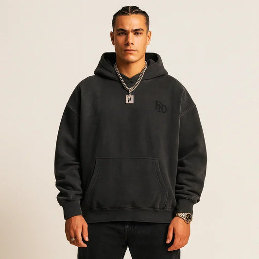 Man wearing a black hoodie Fear No Dog FND Black Pitbull Dog Graphic on Back | Rebooters