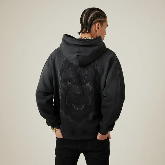 Person wearing a black hoodie with a Pitbull dog graphic on the back against a plain background | Rebooters