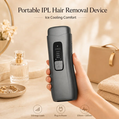 Portable IPL hair removal device held in a hand with a blurred background