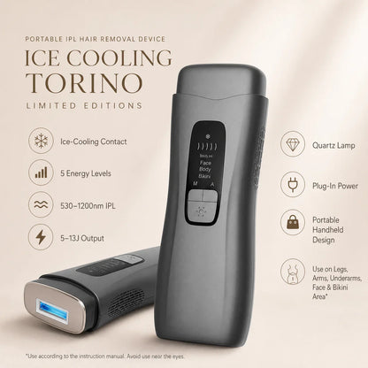 Portable IPL hair removal device with ice cooling feature on a beige background