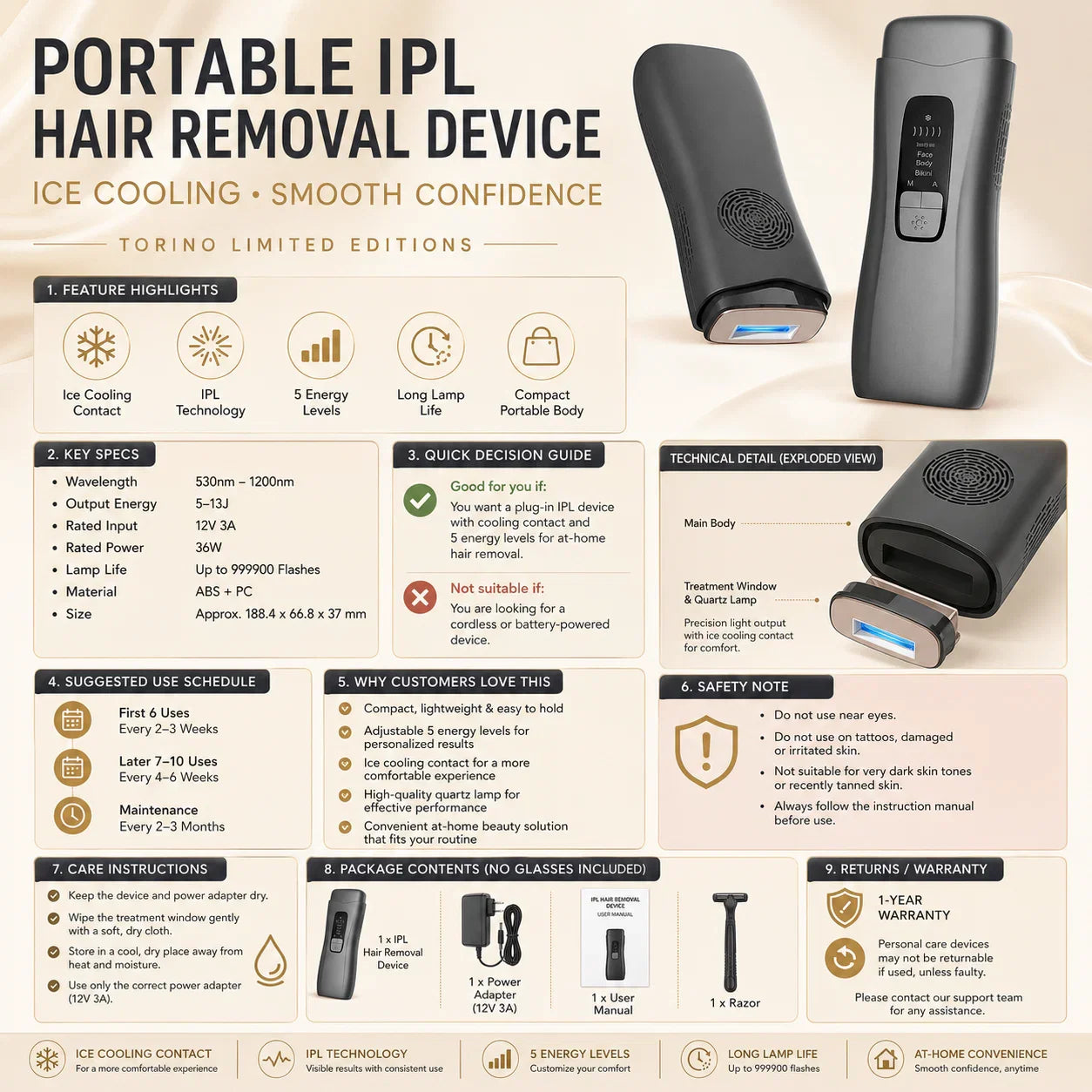 IPL Hair Removal Device for Women Cooling Kit Torino Limited Editions
