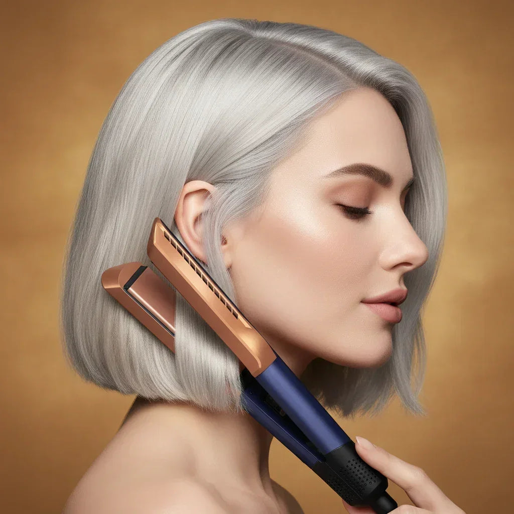 Woman with blue hair using a hair straightener on a brown background
