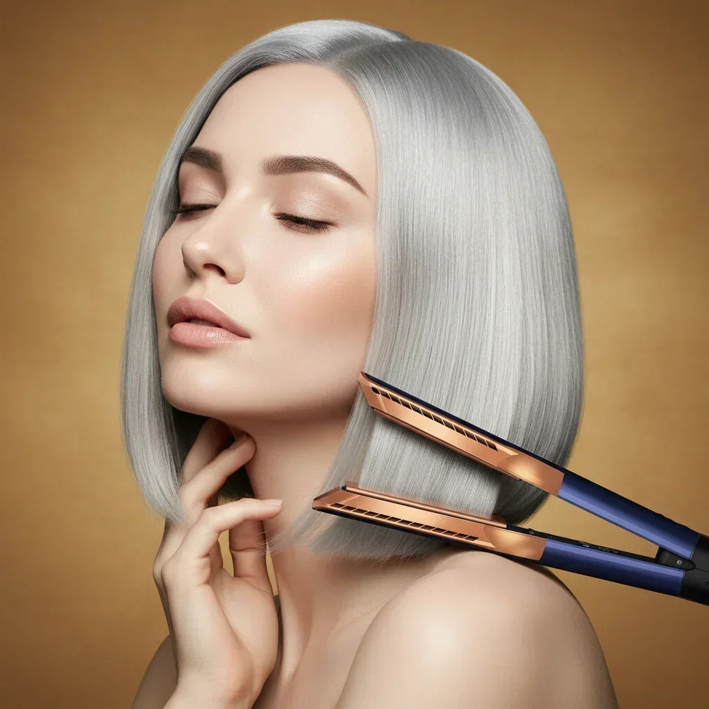 Hair straightener with rose gold and blue design on a gold background