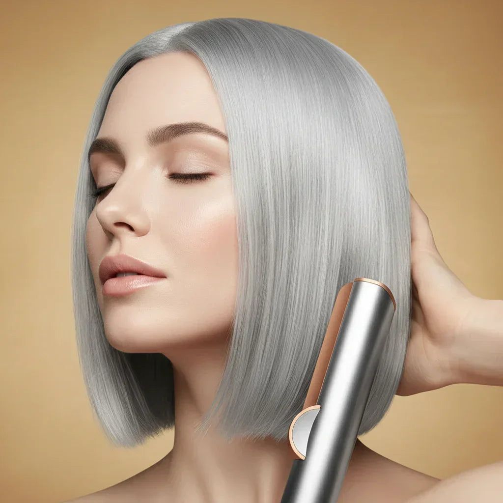 Hair straightener with silver design on a gold background