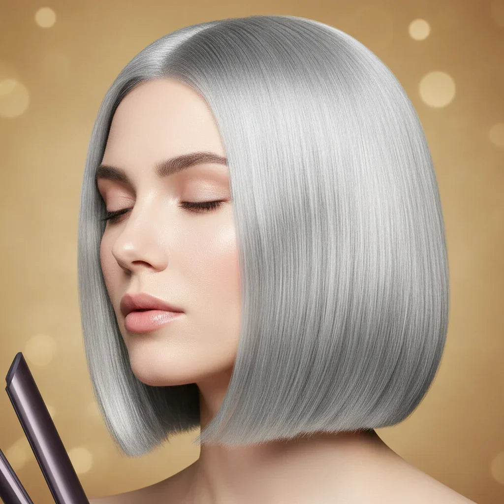 Hair straightener with purple design on a gold background