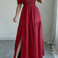 Elegant Elise Puff Sleeve Smocked Waist Split Maxi Dress Rebooters Maxi Women's Dresses