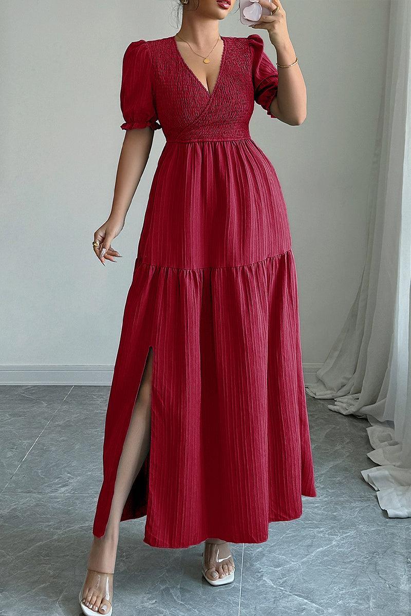 Elegant Elise Puff Sleeve Smocked Waist Split Maxi Dress Rebooters Maxi Women's Dresses