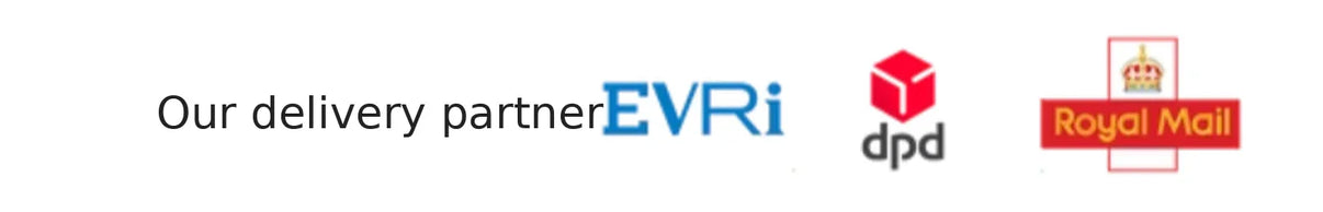 Logos of EVRI, DPD, and Royal Mail with text 'Our delivery partner' on a white background.