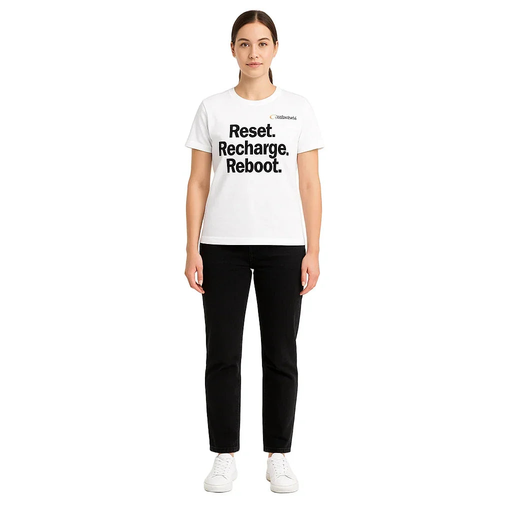 Person wearing a white t-shirt with text on a white background