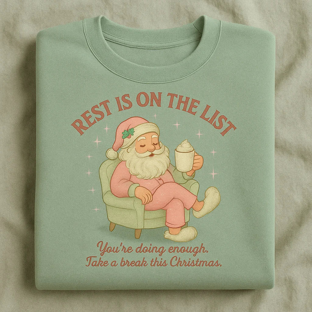 Folded mint green t-shirt with Santa Claus graphic and text on a beige background