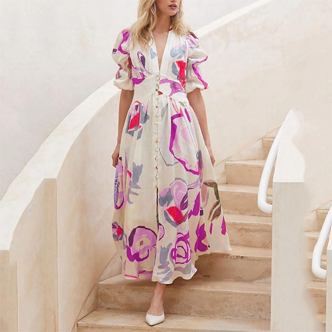 Elegant Irene Women's Maxi Dress with Puff Sleeves and V-Neck Rebooters Maxi Women's Dresses
