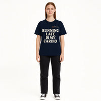 Person wearing a navy blue t-shirt with humorous text on a white background