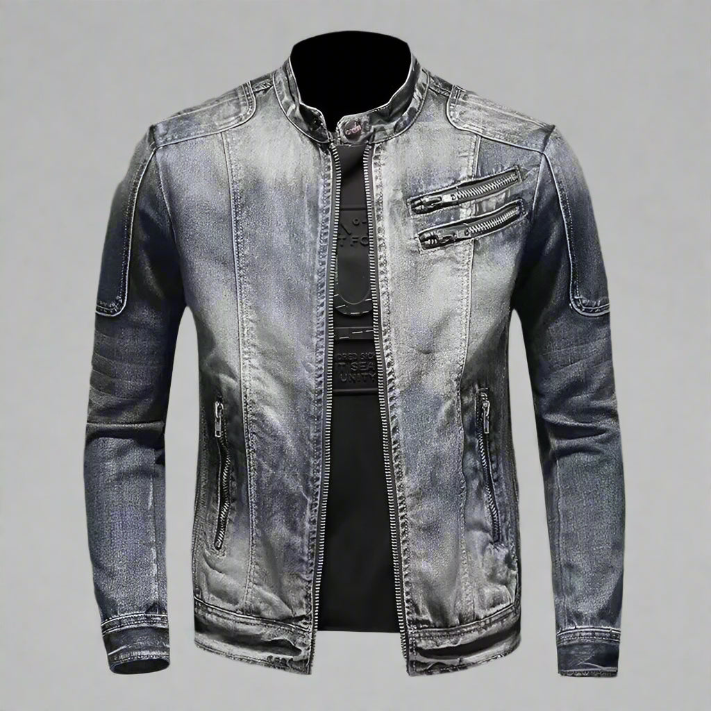 Anker Men's Denim Jacket Casual Retro Vintage Stand Collar Zip-up Rebooters Mens Denim Jackets