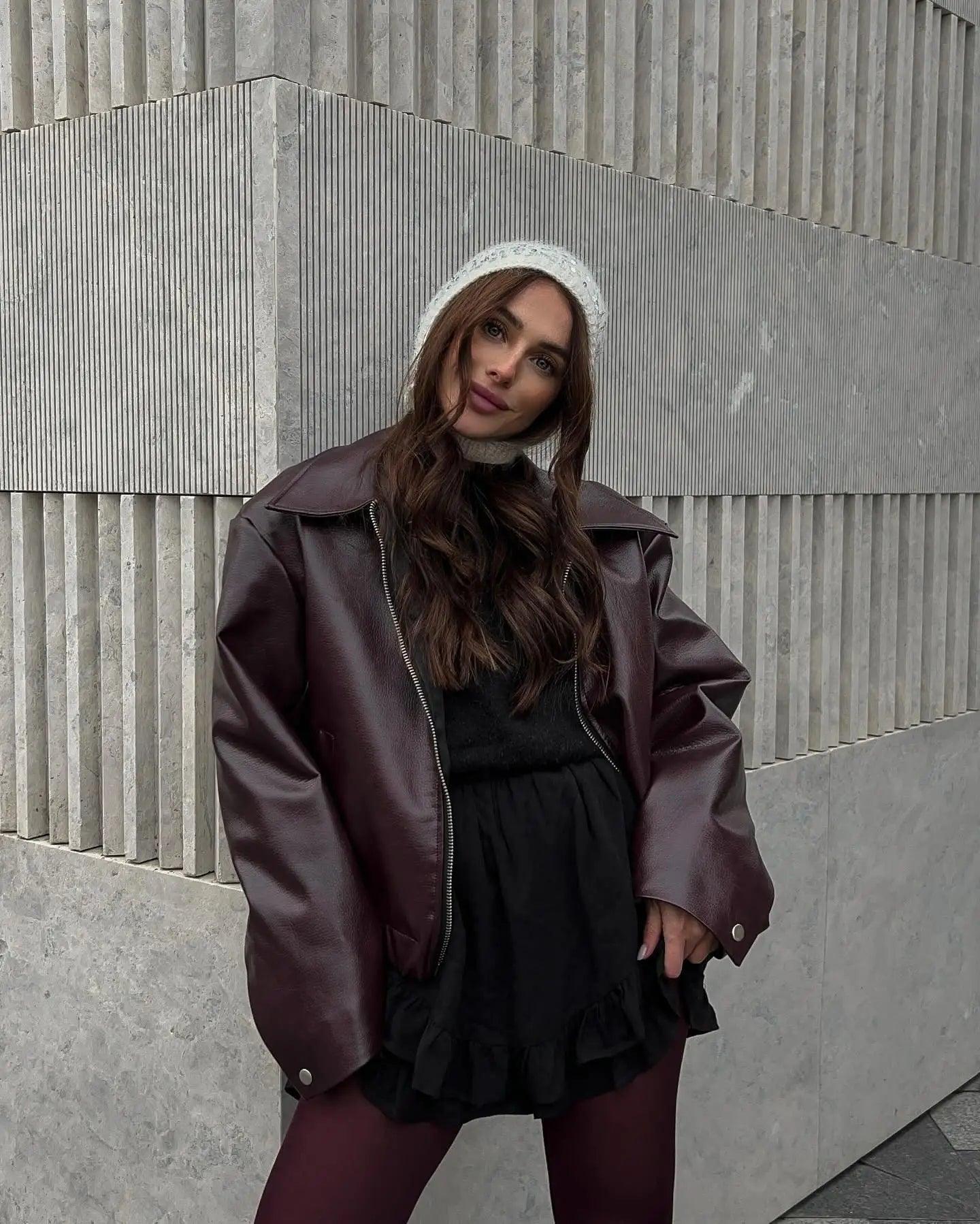 Mara Jacket - Chic Solid Zipper Leather Bomber For Women - Rebooters